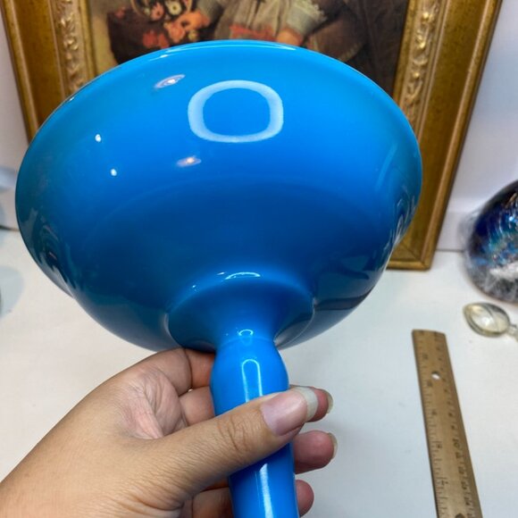 Antique Blue Compote Milk Glass About 7 Inches Tall Gold Leaves Trim Design - Picture 9 of 11